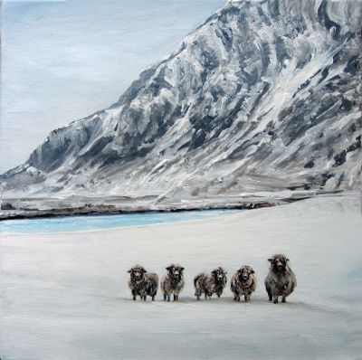 5 Schafe im Schnee 40x40 Acryl auf Leinwand
